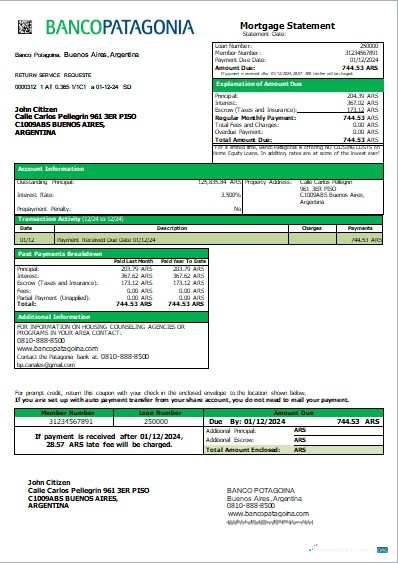 Download Argentina Banco Patagonia bank mortgage statement scr Photoshop template
